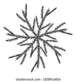 Schneeflocken, schwarze Symbol einzeln auf weißem Hintergrund. Frohe Weihnachten. Dezember Winter neues Jahr. Eis-Fichtenzweig. Kaltfrostkristall. Handgezeichnete Skizzengrafik.