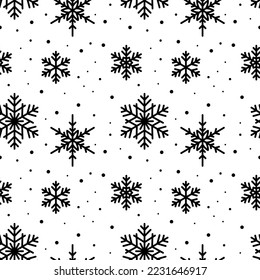 Snowflake black line seamless pattern. Winter ornate ice star background. Linear snow flakes repeat ornament. Xmas paper wrap, fabric print, wallpaper decor. Frosty Christmas New Year wrapping paper