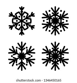 Snowflake black silhouette icon set. Isolated, white background. Vector illustration. Applicable as a decorative element for Xmas designs, winter weather concepts etc.