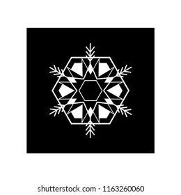 Snowflake in black square. Silhouette design white snowflake. Symbol of Christmas holiday season. Monochrome template for prints, card. Isolated graphic element. Flat vector illustration