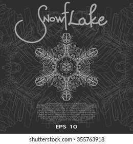 Snowflake. Black and white illustration background, invitation or greeting card template with snowflakes, fir branches, Christmas decorations, and frame for the text. Vector design.