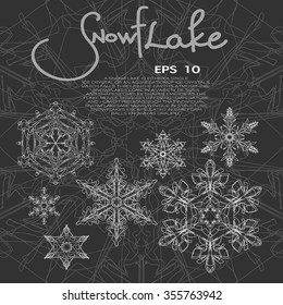 Snowflake. Black and white illustration background, invitation or greeting card template with snowflakes, fir branches, Christmas decorations, and frame for the text. Vector design.