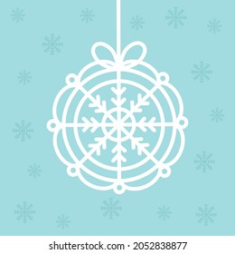 Fondo azul de copo de nieve, icono del juguete del árbol de Navidad, decoraciones de silueta. Juguete de Openwork. Plantilla para tallado de madera, corte láser y trazador. Postal para Navidad, Año Nuevo. Ilustración del vector