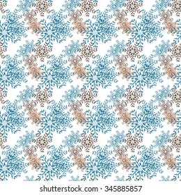 Snowflake blue, brown. White background. Texture. Seamless. Christmas, New Year