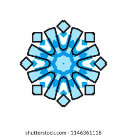 Snowflake blue icon isolated on white background. Xmas snow flake element for winter Christmas or New Year design and decoration. Refrigerator and cold vector symbol or logo