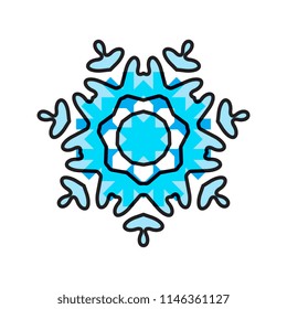Snowflake blue icon isolated on white background. Xmas snow flake element for winter Christmas or New Year design and decoration. Refrigerator and cold vector symbol or logo