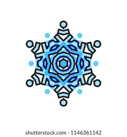 Snowflake blue icon isolated on white background. Xmas snow flake element for winter Christmas or New Year design and decoration. Refrigerator and cold vector symbol or logo
