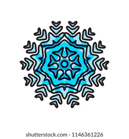 Snowflake blue icon isolated on white background. Xmas snow flake element for winter Christmas or New Year design and decoration. Refrigerator and cold vector symbol or logo