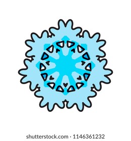 Snowflake blue icon isolated on white background. Xmas snow flake element for winter Christmas or New Year design and decoration. Refrigerator and cold vector symbol or logo