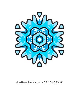 Snowflake blue icon isolated on white background. Xmas snow flake element for winter Christmas or New Year design and decoration. Refrigerator and cold vector symbol or logo