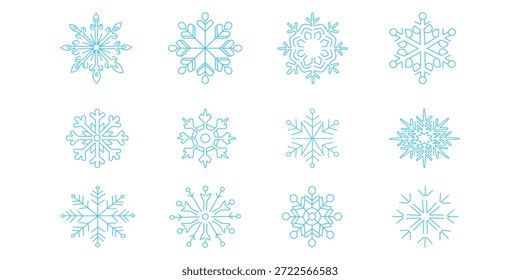 Conjunto de iconos azul copo de nieve. Colección de diseño de contorno de cristal de hielo de invierno Navidad, vacaciones, decorativo, Web de Vector, App, moderno, estilo de fondo blanco.