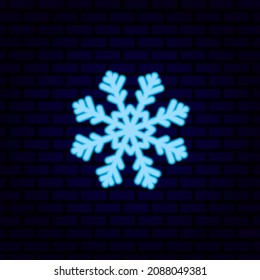 Snowflake blue, neon effect on a brick wall. Vector illustration, bright colored design, on a dark background, eps 10.