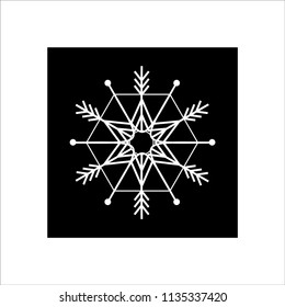 Snowflake in blue square. Silhouette design white snowflake. Symbol of Christmas holiday season. Monochrome template for prints, card. Isolated graphic element. Flat vector illustration