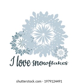 Snowflake in blue tones on a white background. Beautiful winter stencil template for winter holidays. Printing on postcards, decorative pillows, clothes. Vector illustration.