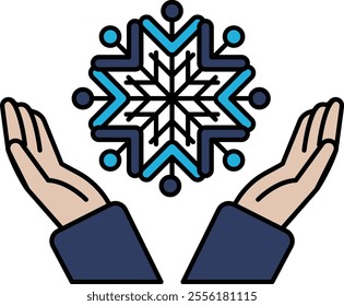 A snowflake with a blue and white design, surrounded by two hands. The hands are positioned above the snowflake, creating a sense of protection and warmth