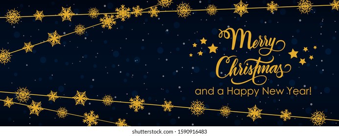 Snowflake border background for Christmas card. New Year golden decoration. Hanging glitter snowflake - vector