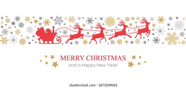 Snowflake border background christmas card with santa sled and deer, seamless snowfall - stock vector