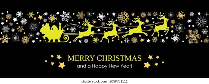 Snowflake border background christmas card with santa sled and deer, seamless snowfall - vector