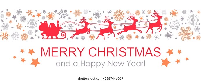 Snowflake border background christmas card with santa sled and deer, seamless snowfall - for stock