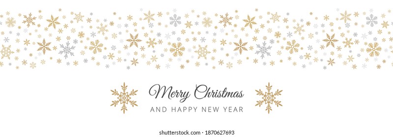 Snowflake border background. Vector seamless pattern with small gold and silver snowflakes on white. Merry Christmas and Happy New year header. Design template for banner, greeting card, web, print