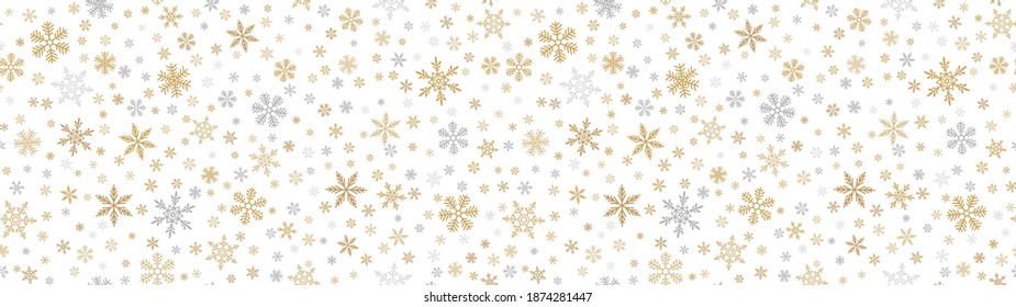 Arrière-plan flou de neige. Image vectorielle motif harmonieux de petits flocons de neige dorés et argentés. Texture luxueuse de Noël doré. Thème des vacances d'hiver. Grande répétition de la conception de la décoration, du site web, de la bannière