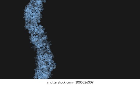 Snowflake border for Christmas and New Year celebration. Holiday snowflake border on black background  with sparkles. For banners, gift coupons, vouchers, ads, party events. Horizontal frosty snow.