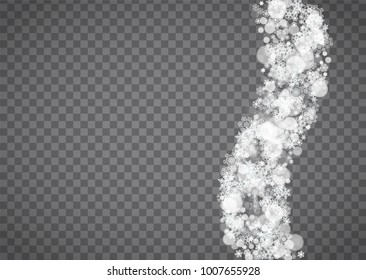 Snowflake border for Christmas and New Year holidays. Horizontal snowflake border on transparent background with sparkles. For banners, gift coupons, vouchers, ads, party events. Falling frosty snow.