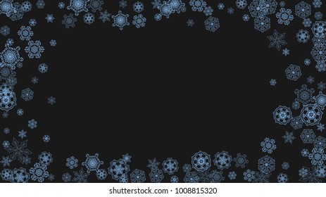 Snowflake border for Christmas and New Year celebration. Holiday snowflake border on black background  with sparkles. For banners, gift coupons, vouchers, ads, party events. Horizontal frosty snow.