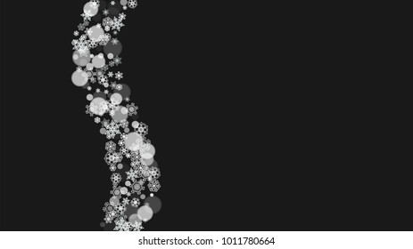 Snowflake border for Christmas and New Year holidays. Horizontal snowflake border on black background. For banners, gift coupons, vouchers, ads, party events. Falling frosty snow.