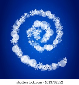 Snowflake border for Christmas and New Year celebration. Holiday snowflake border on blue background with sparkles. For banners, gift coupons, vouchers, ads, party events. Falling frosty snow.