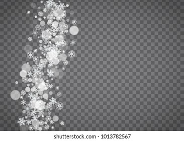 Snowflake border for Christmas and New Year holidays. Horizontal snowflake border on transparent background with sparkles. For banners, gift coupons, vouchers, ads, party events. Falling frosty snow.