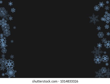 Snowflake border for Christmas and New Year celebration. Holiday snowflake border on black background  with sparkles. For banners, gift coupons, vouchers, ads, party events. Horizontal frosty snow.