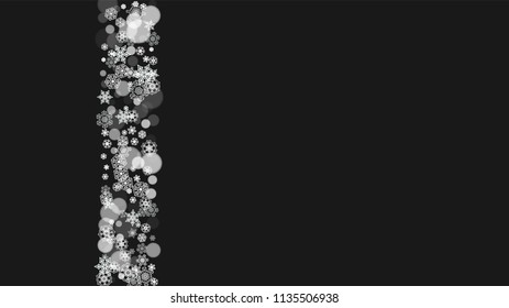 Snowflake border for Christmas and New Year holidays. Horizontal snowflake border on black background. For banners, gift coupons, vouchers, ads, party events. Falling frosty snow.