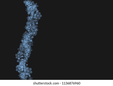 Snowflake border for Christmas and New Year celebration. Holiday snowflake border on black background  with sparkles. For banners, gift coupons, vouchers, ads, party events. Horizontal frosty snow.