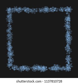 Snowflake border for Christmas and New Year celebration. Holiday snowflake border on black background  with sparkles. For banners, gift coupons, vouchers, ads, party events. Falling frosty snow.