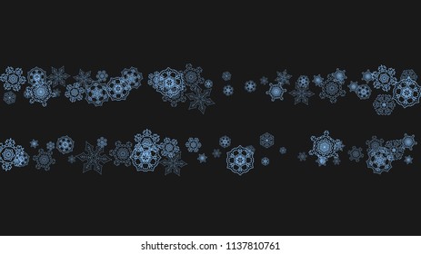 Snowflake border for Christmas and New Year celebration. Holiday snowflake border on black background  with sparkles. For banners, gift coupons, vouchers, ads, party events. Horizontal frosty snow.