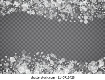 Snowflake border for Christmas and New Year holidays. Horizontal snowflake border on transparent background with sparkles. For banners, gift coupons, vouchers, ads, party events. Falling frosty snow.