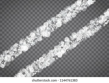 Snowflake border for Christmas and New Year holidays. Horizontal snowflake border on transparent background with sparkles. For banners, gift coupons, vouchers, ads, party events. Falling frosty snow.