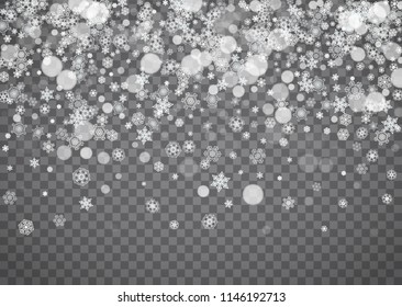 Snowflake border for Christmas and New Year holidays. Horizontal snowflake border on transparent background with sparkles. For banners, gift coupons, vouchers, ads, party events. Falling frosty snow.