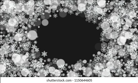 Snowflake border for Christmas and New Year holidays. Horizontal snowflake border on black background. For banners, gift coupons, vouchers, ads, party events. Falling frosty snow.