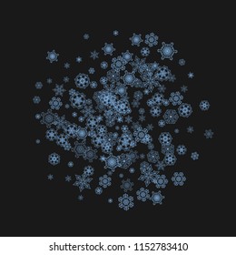 Snowflake border for Christmas and New Year celebration. Holiday snowflake border on black background  with sparkles. For banners, gift coupons, vouchers, ads, party events. Falling frosty snow.