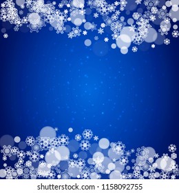 Snowflake border for Christmas and New Year celebration. Holiday snowflake border on blue background with sparkles. For banners, gift coupons, vouchers, ads, party events. Falling frosty snow.