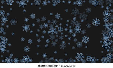 Snowflake border for Christmas and New Year celebration. Holiday snowflake border on black background  with sparkles. For banners, gift coupons, vouchers, ads, party events. Horizontal frosty snow.
