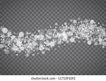 Snowflake border for Christmas and New Year holidays. Horizontal snowflake border on transparent background with sparkles. For banners, gift coupons, vouchers, ads, party events. Falling frosty snow.