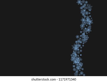 Snowflake border for Christmas and New Year celebration. Holiday snowflake border on black background  with sparkles. For banners, gift coupons, vouchers, ads, party events. Horizontal frosty snow.
