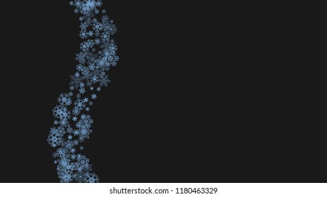 Snowflake border for Christmas and New Year celebration. Holiday snowflake border on black background  with sparkles. For banners, gift coupons, vouchers, ads, party events. Horizontal frosty snow.