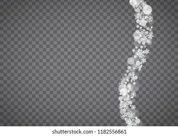 Snowflake border for Christmas and New Year holidays. Horizontal snowflake border on transparent background with sparkles. For banners, gift coupons, vouchers, ads, party events. Falling frosty snow.