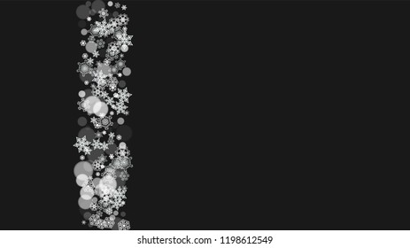 Snowflake border for Christmas and New Year holidays. Horizontal snowflake border on black background. For banners, gift coupons, vouchers, ads, party events. Falling frosty snow.