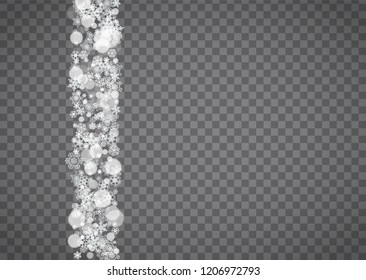 Snowflake border for Christmas and New Year holidays. Horizontal snowflake border on transparent background with sparkles. For banners, gift coupons, vouchers, ads, party events. Falling frosty snow.