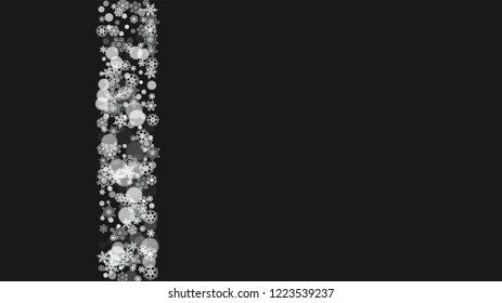 Snowflake border for Christmas and New Year holidays. Horizontal snowflake border on black background. For banners, gift coupons, vouchers, ads, party events. Falling frosty snow.